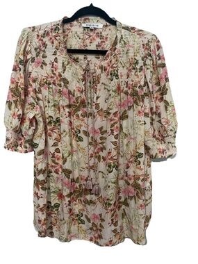 Rose & Olive Floral Smocked Tassel Blouse in Cream, Pink & Green